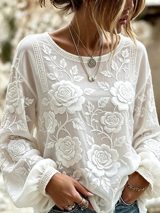 Kvinders vintage blomsterprint af kunst i stil med retro, afslappet top i bomuld-lin ⇒