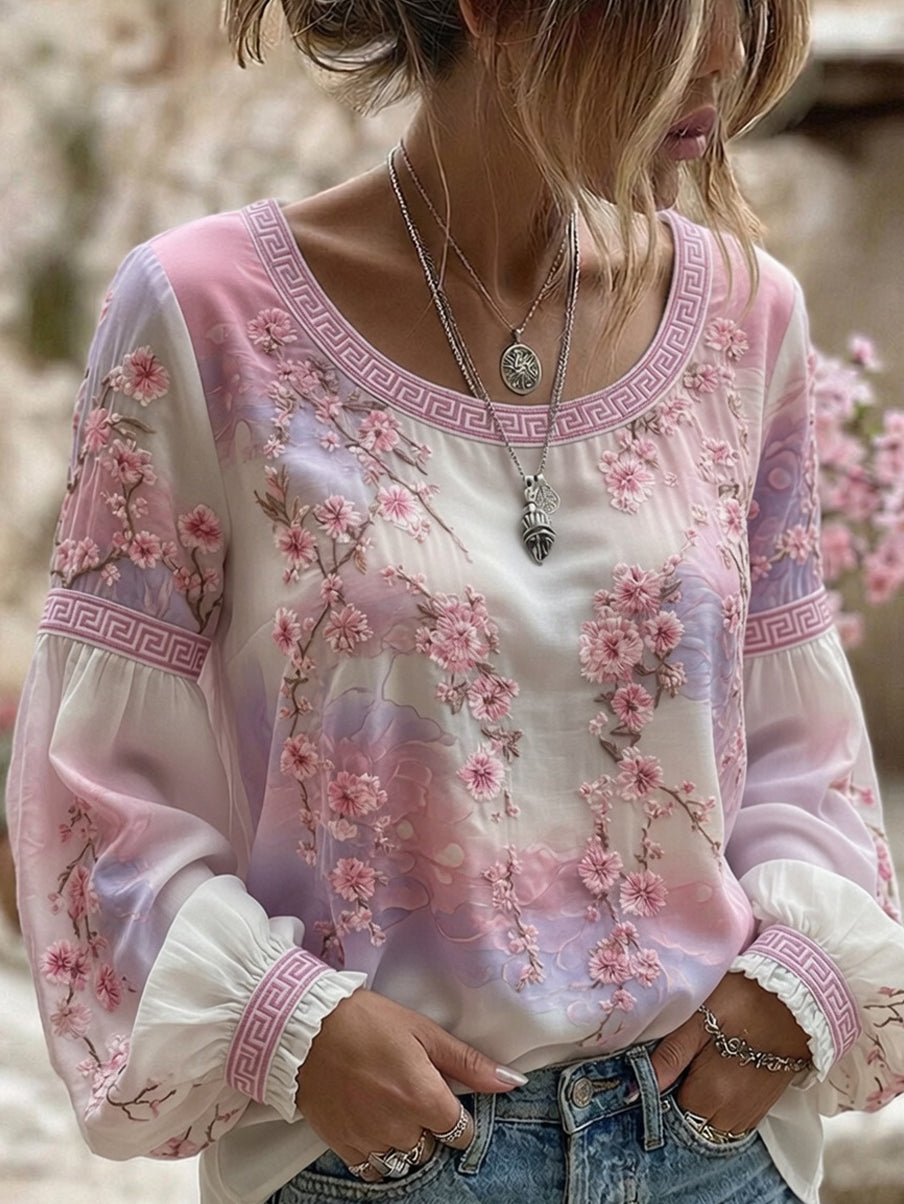 Kvinders vintage blomsterprint af kunst i stil med retro, afslappet top i bomuld-lin ⇒
