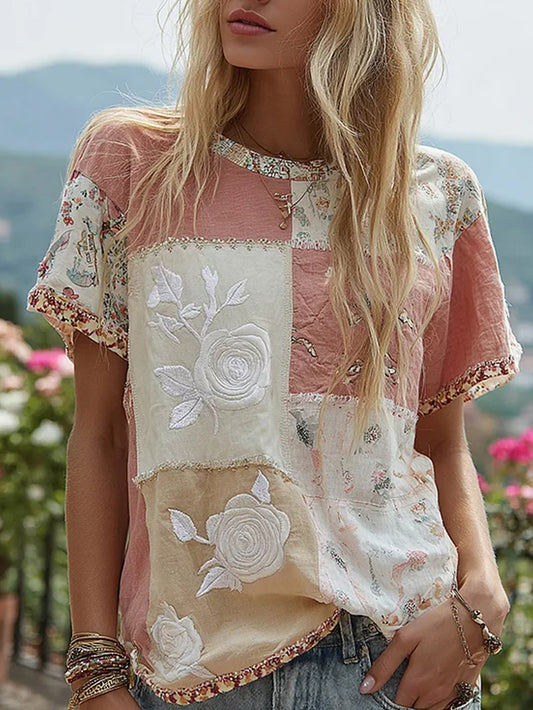 Kvinders vintage blomsterkunstprint afslappet bomulds-linnet-shirt
