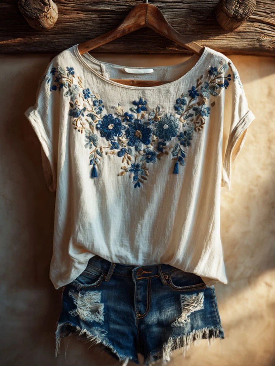 Kvinders vintage blomsterkunstprint afslappet t-shirt med korte ærmer