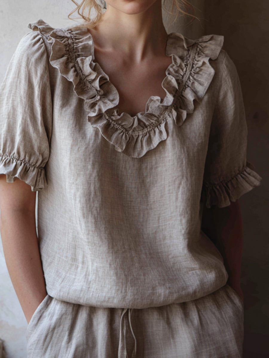 Kvinders Elegant Ruffled Linen V-hals skjorte