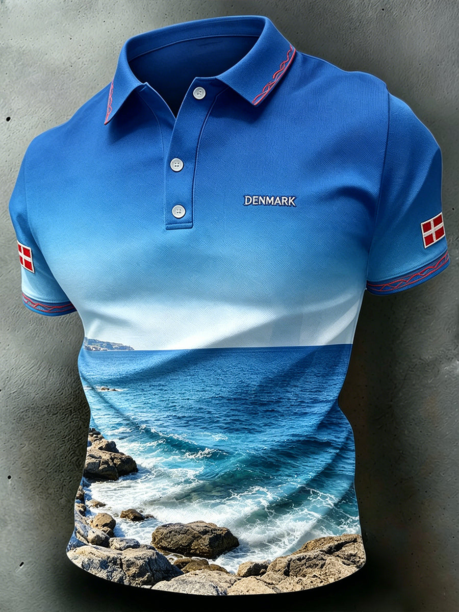 Mænds afslappet resort-poloshirt med naturskøn degradé-print