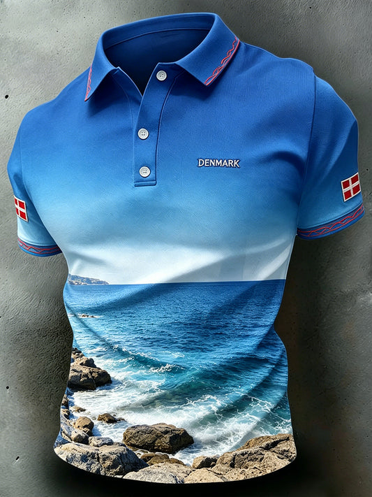 Mænds afslappet resort-poloshirt med naturskøn degradé-print
