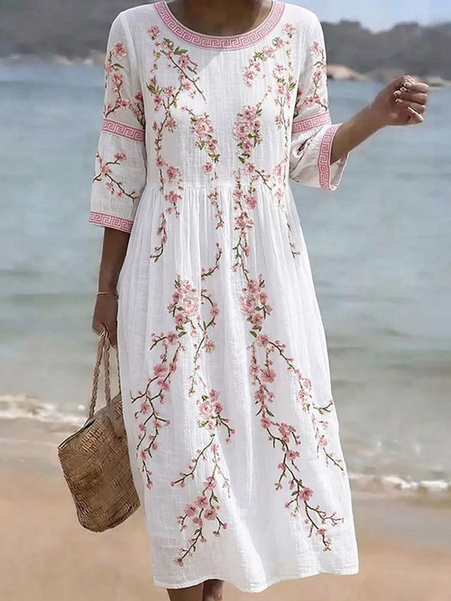 Kvinders vintage blomstrede boheme-stil elegant bomulds-linnet midi-kjole