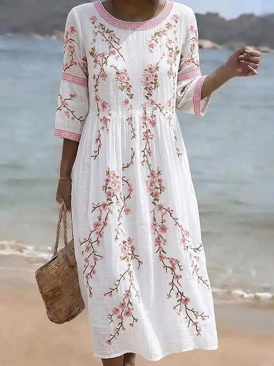 Kvinders vintage blomstrede boheme-stil elegant bomulds-linnet midi-kjole