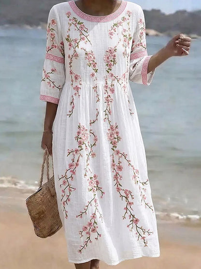 Kvinders vintage blomstrede boheme-stil elegant bomulds-linnet midi-kjole