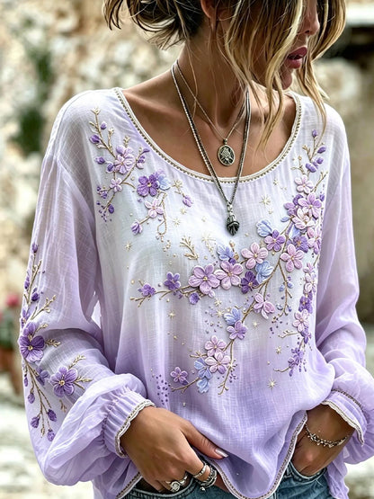 Kvinders vintage blomsterprint af kunst i stil med retro, afslappet top i bomuld-lin ⇒