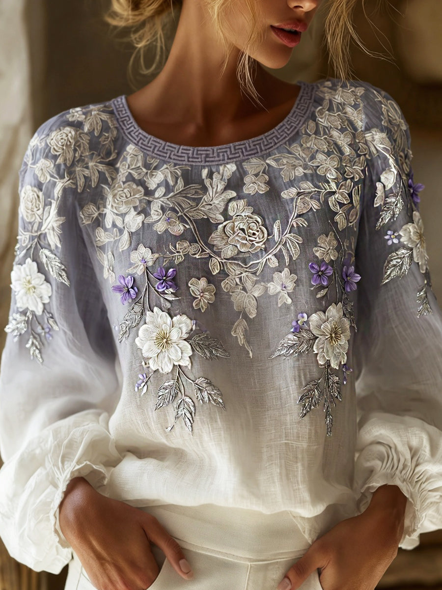 Kvinders vintage blomsterprint af kunst i stil med retro, afslappet top i bomuld-lin ⇒