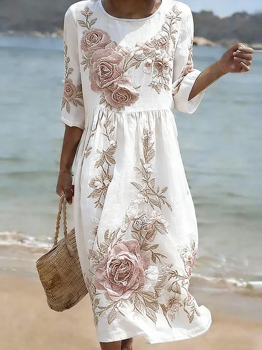 Kvinders vintage blomstrede boheme-stil elegant bomulds-linnet midi-kjole