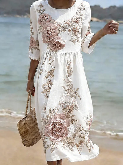 Kvinders vintage blomstrede boheme-stil elegant bomulds-linnet midi-kjole