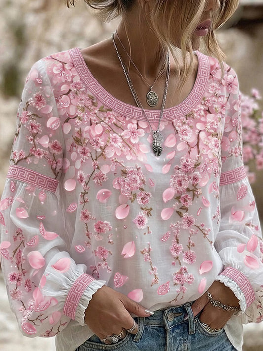 Kvinders vintage blomsterprint af kunst i stil med retro, afslappet top i bomuld-lin ⇒