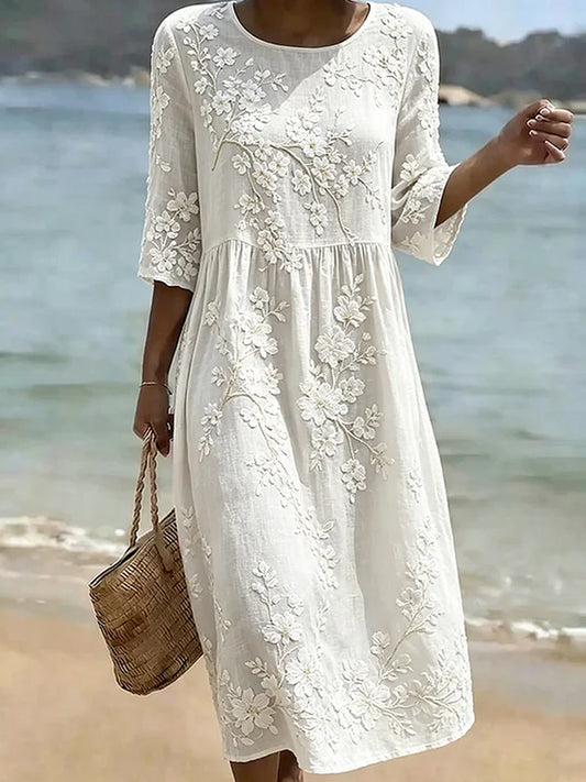 Kvinders vintage blomstrede boheme-stil elegant bomulds-linnet midi-kjole