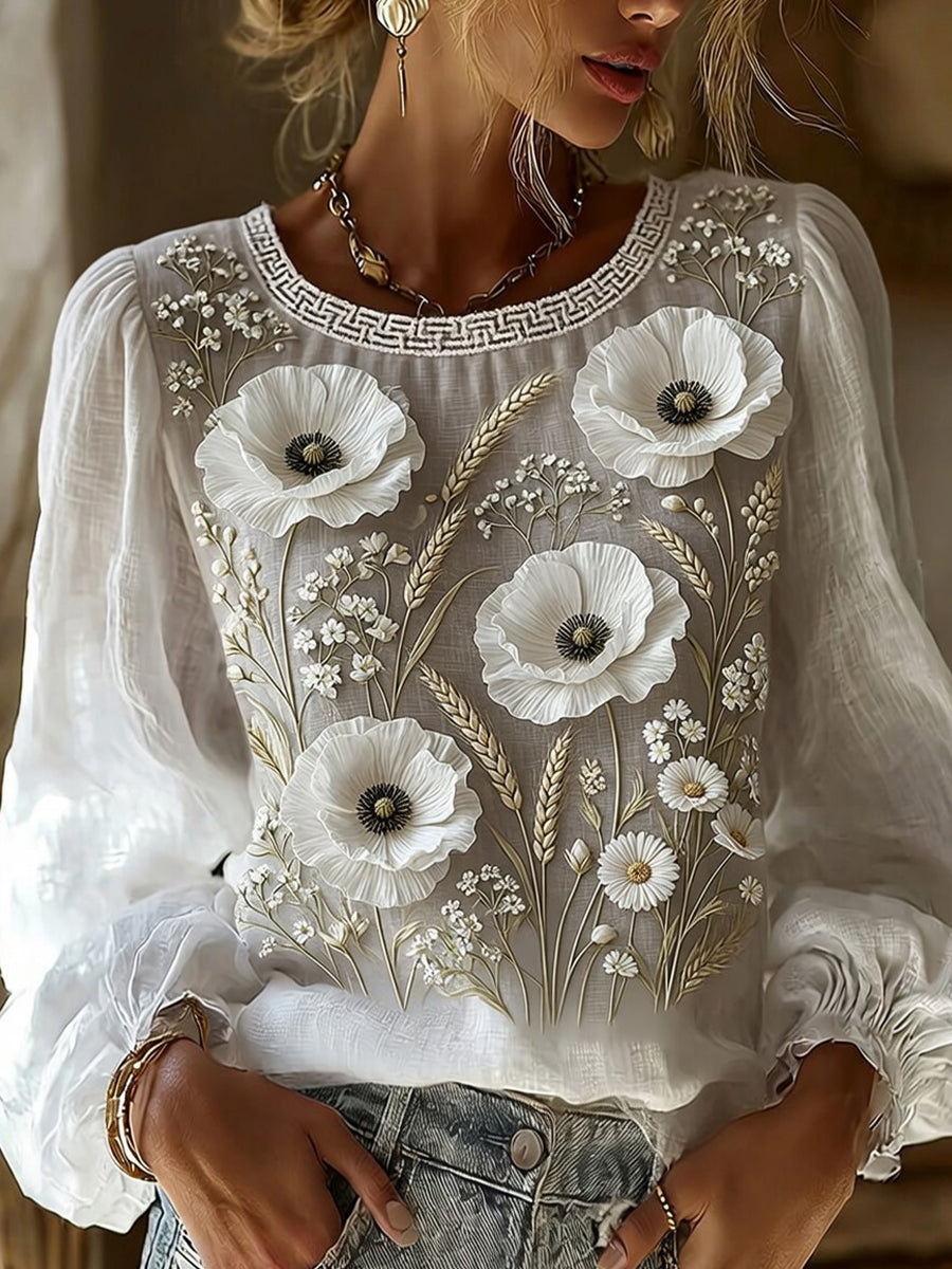 Kvinders vintage blomsterprint af kunst i stil med retro, afslappet top i bomuld-lin ⇒