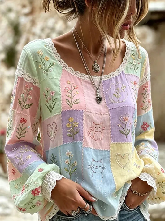 Kvinders vintage blomsterprint af kunst i stil med retro, afslappet top i bomuld-lin ⇒