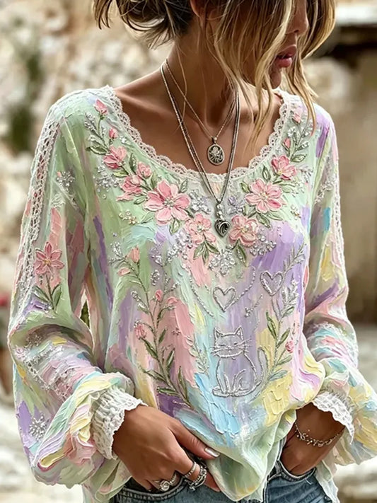 Kvinders vintage blomsterprint af kunst i stil med retro, afslappet top i bomuld-lin ⇒