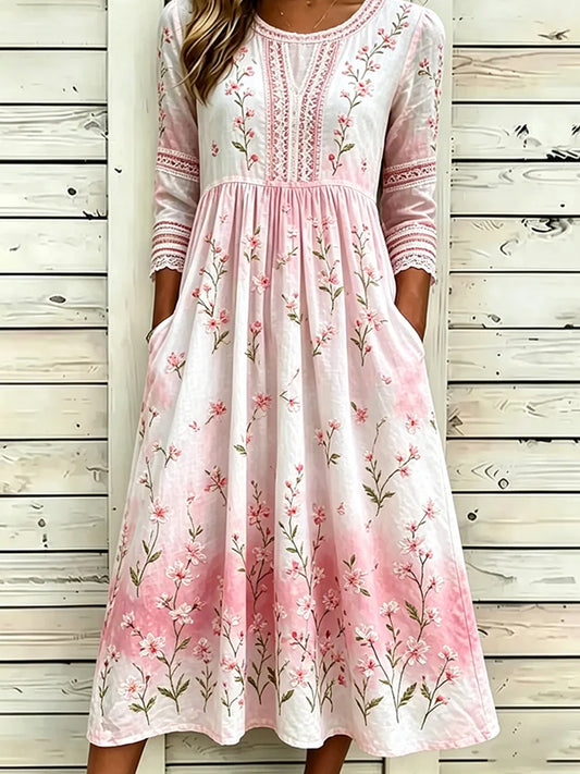 Kvinders Vintage blomster Bohemian-stil Elegant bomuld-Linen Midi kjole
