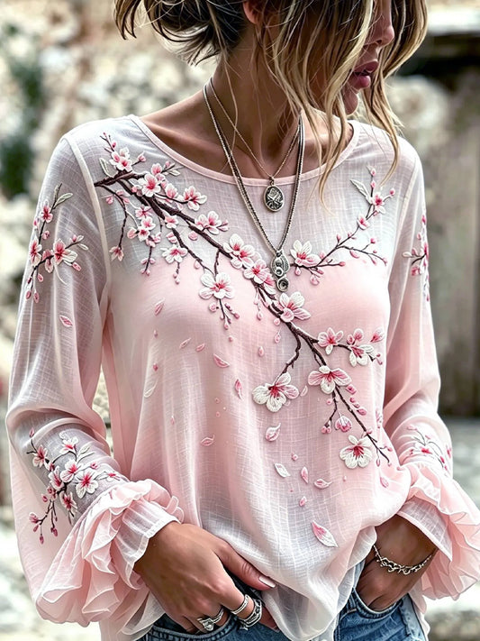 Kvinders vintage blomsterprint af kunst i stil med retro, afslappet top i bomuld-lin ⇒