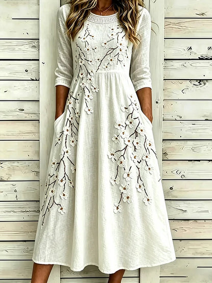 Kvinders vintage blomstrede boheme-stil elegant bomulds-linnet midi-kjole