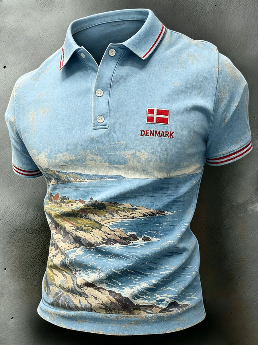 Mænds kortærme Polo skjorte med landskab print