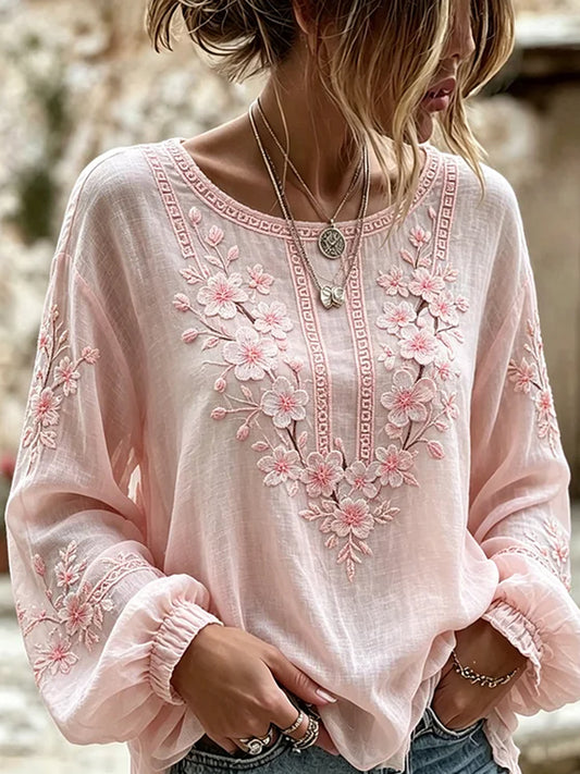 Retro floral kunstprint afslappet top i bomuld-linен