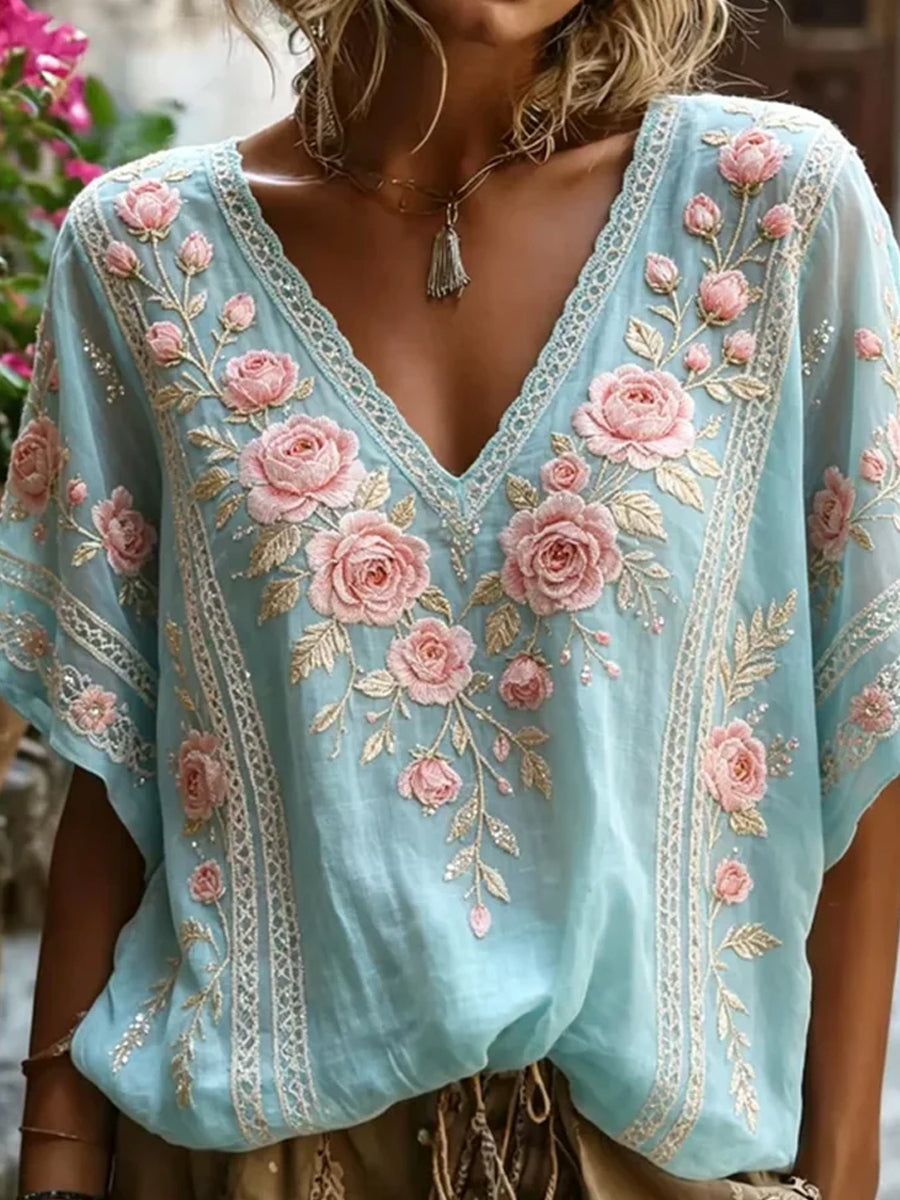 Kvinders vintage blomstermotiv kunsttryk afslappet top i bomuld-linен