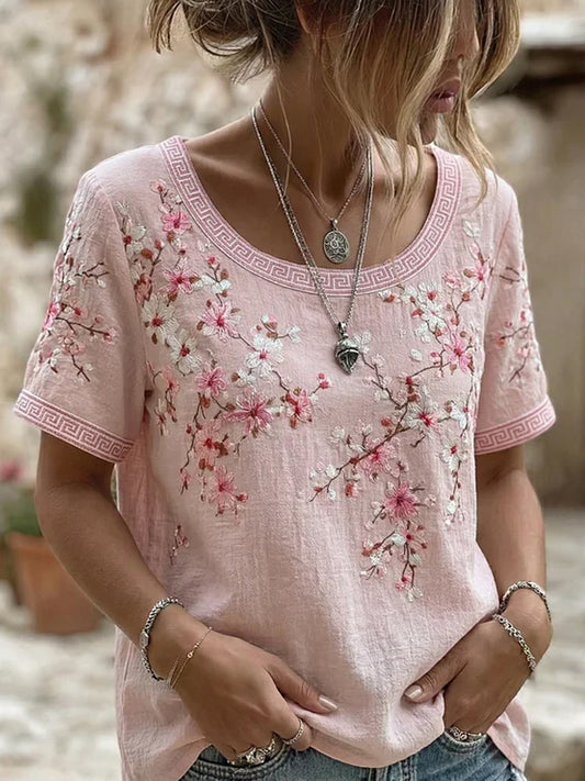 Retro blomsterkunstprint afslappet bomulds-linnet-shirt