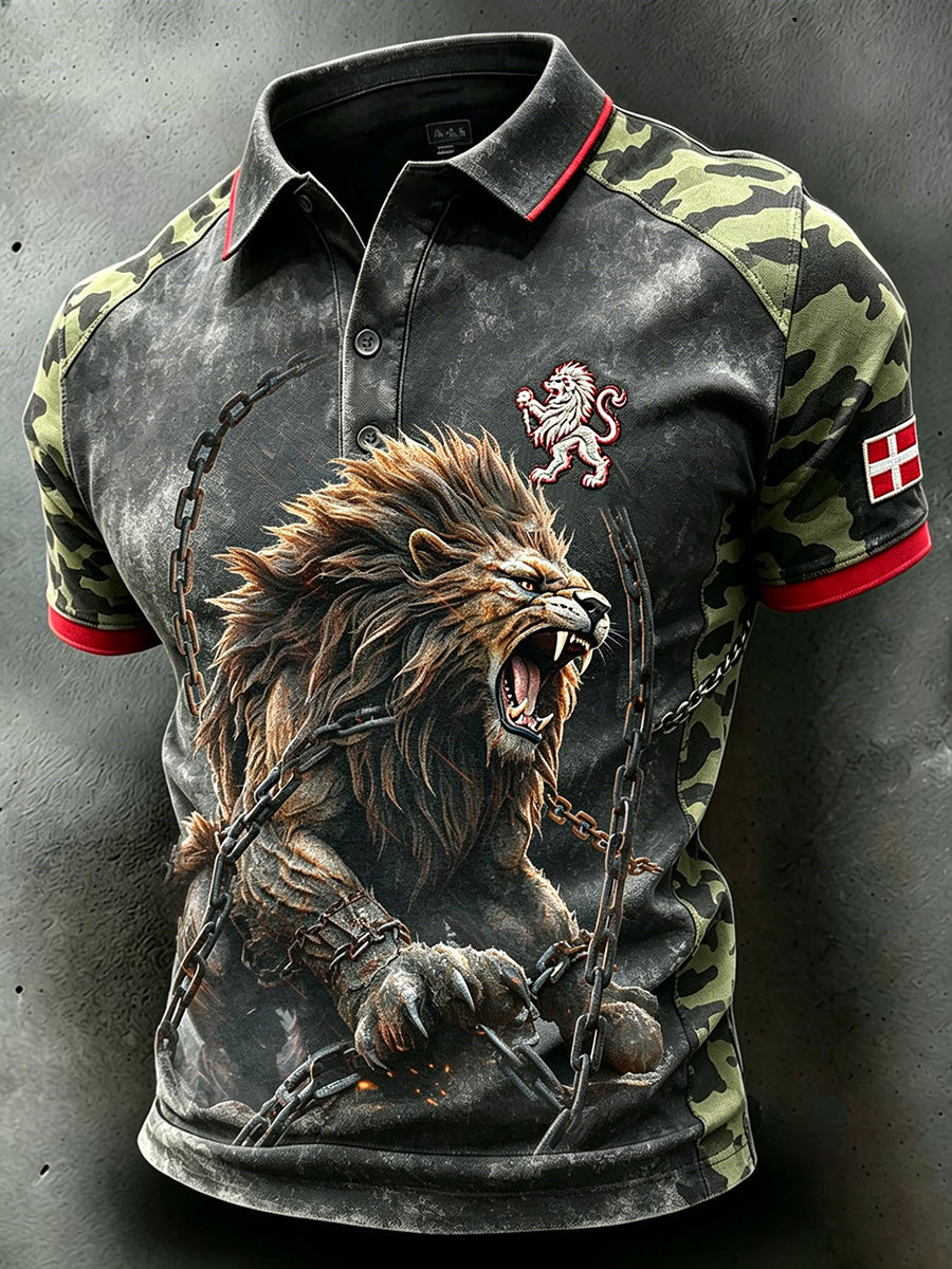 Mænds Retro Short-ærme Polo skjorte med løve motif og camouflage Print