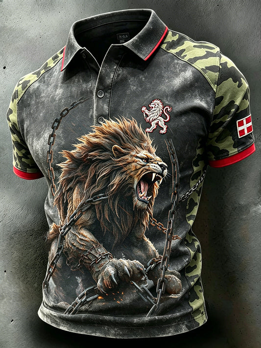Mænds Retro Short-ærme Polo skjorte med løve motif og camouflage Print