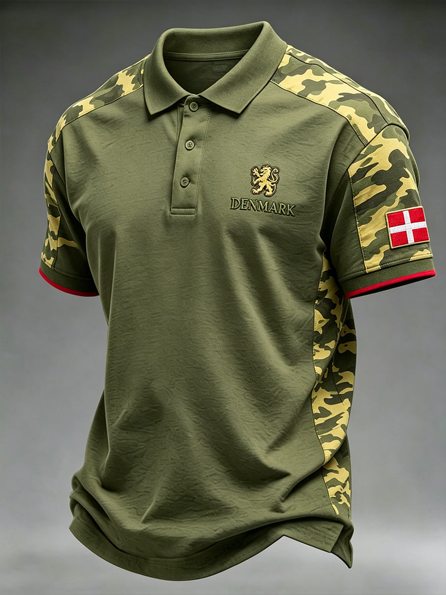 Mænds retro poloshirt med korte ærmer, løvemotiv og camouflageprint