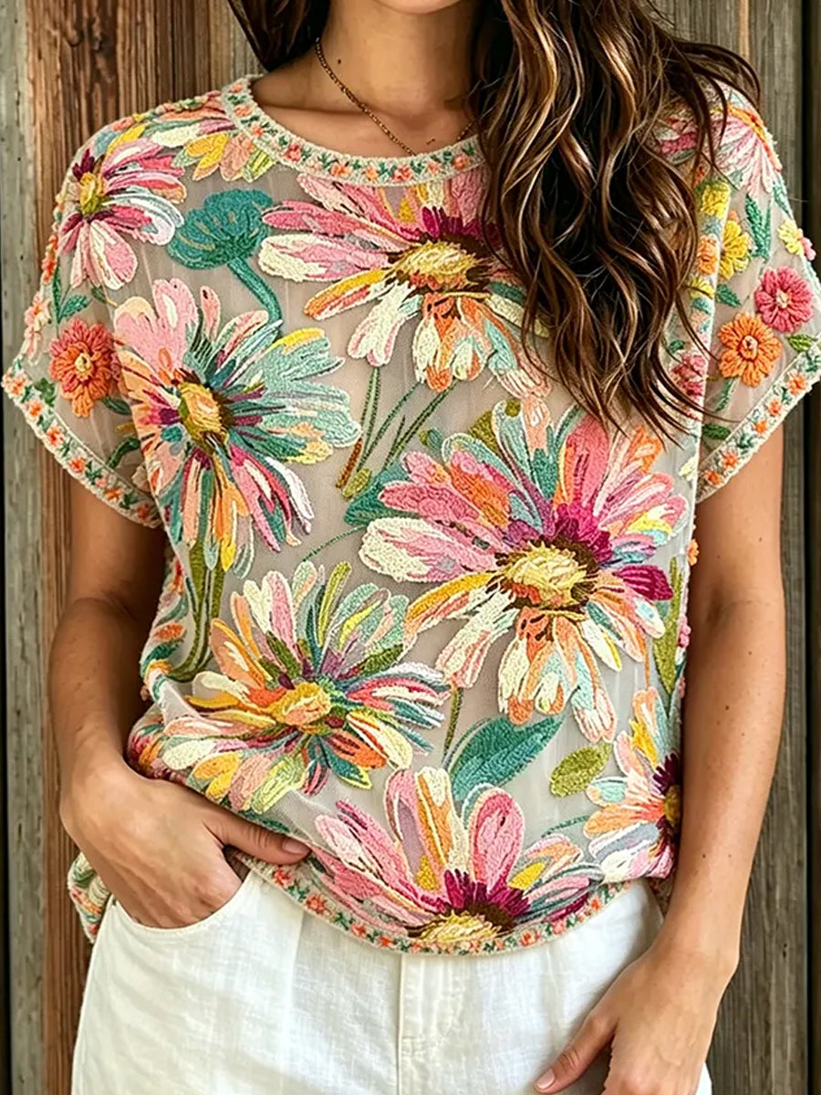 Kvinders retro blomsterkunstprint afslappet top i bomuld og hør