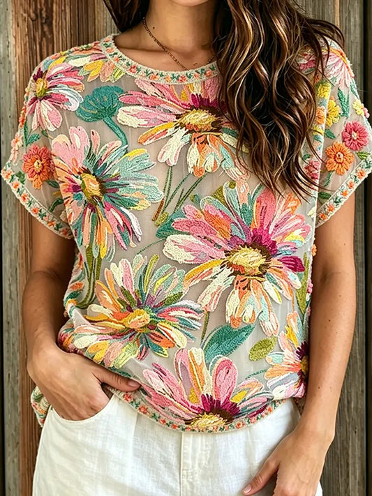 Kvinders retro blomsterkunstprint afslappet top i bomuld og hør