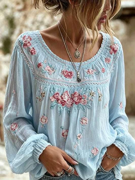 Kvinders vintage blomstermotiv kunsttryk afslappet top i bomuld-linен