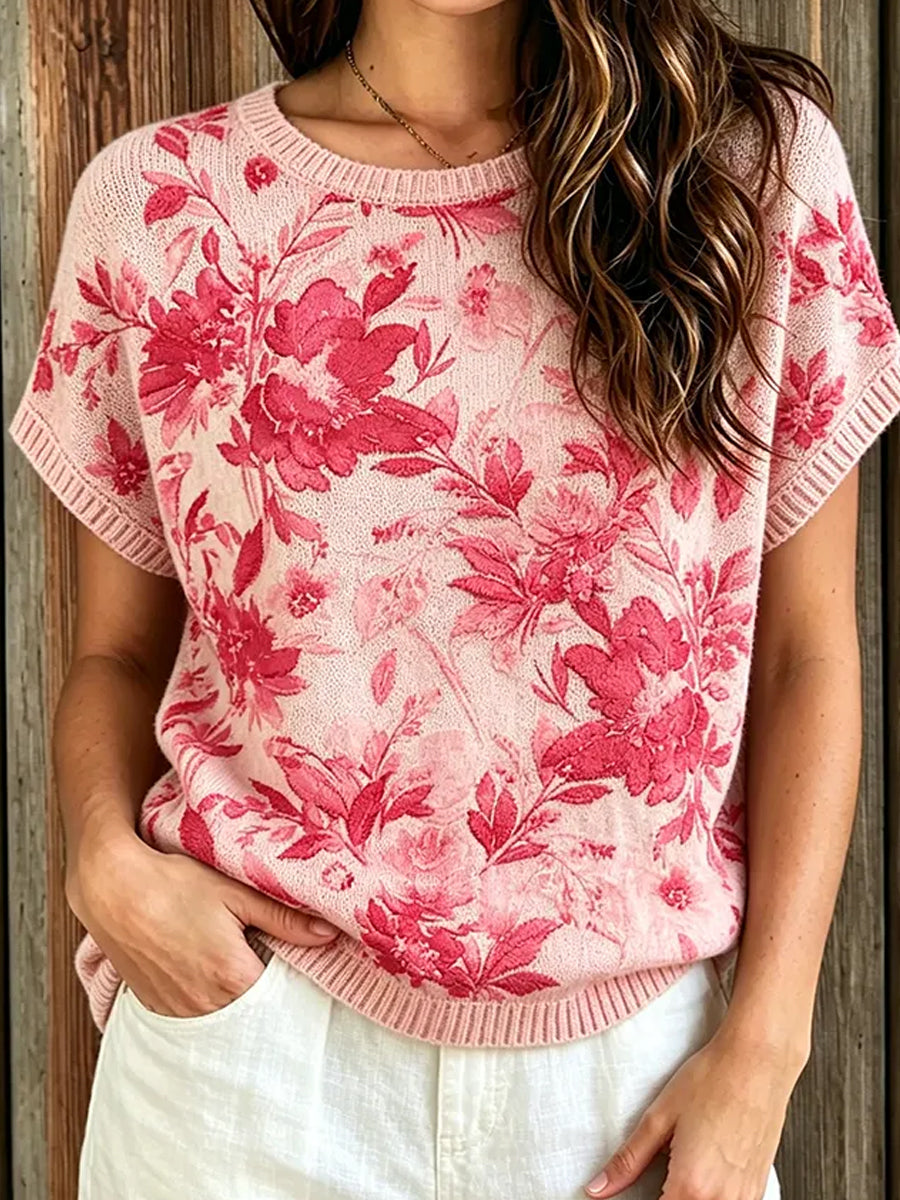 Kvinders retro blomsterkunstprint afslappet top i bomuld og hør