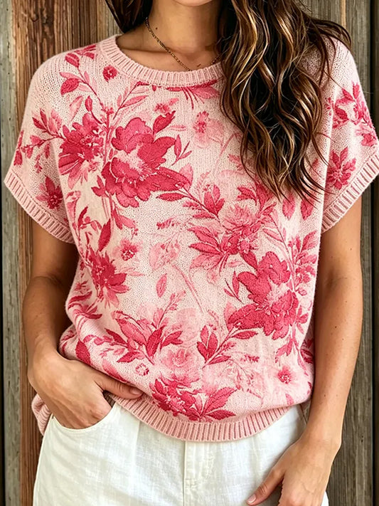 Kvinders retro blomsterkunstprint afslappet top i bomuld og hør