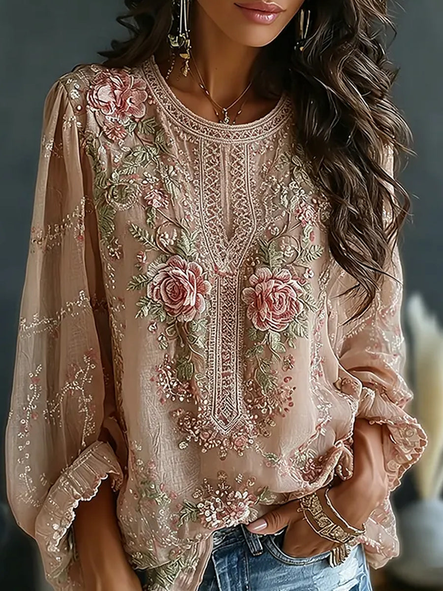 Kvinders vintage blomstermotiv kunsttryk afslappet top i bomuld-linен