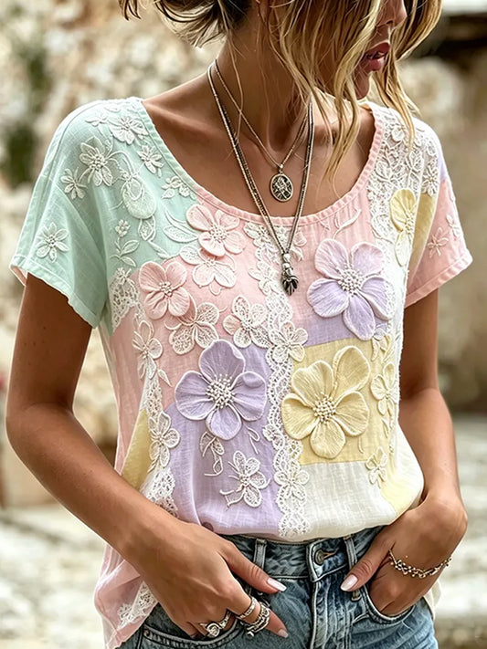 Kvinders retro blomsterkunstprint afslappet top i bomuld og hør