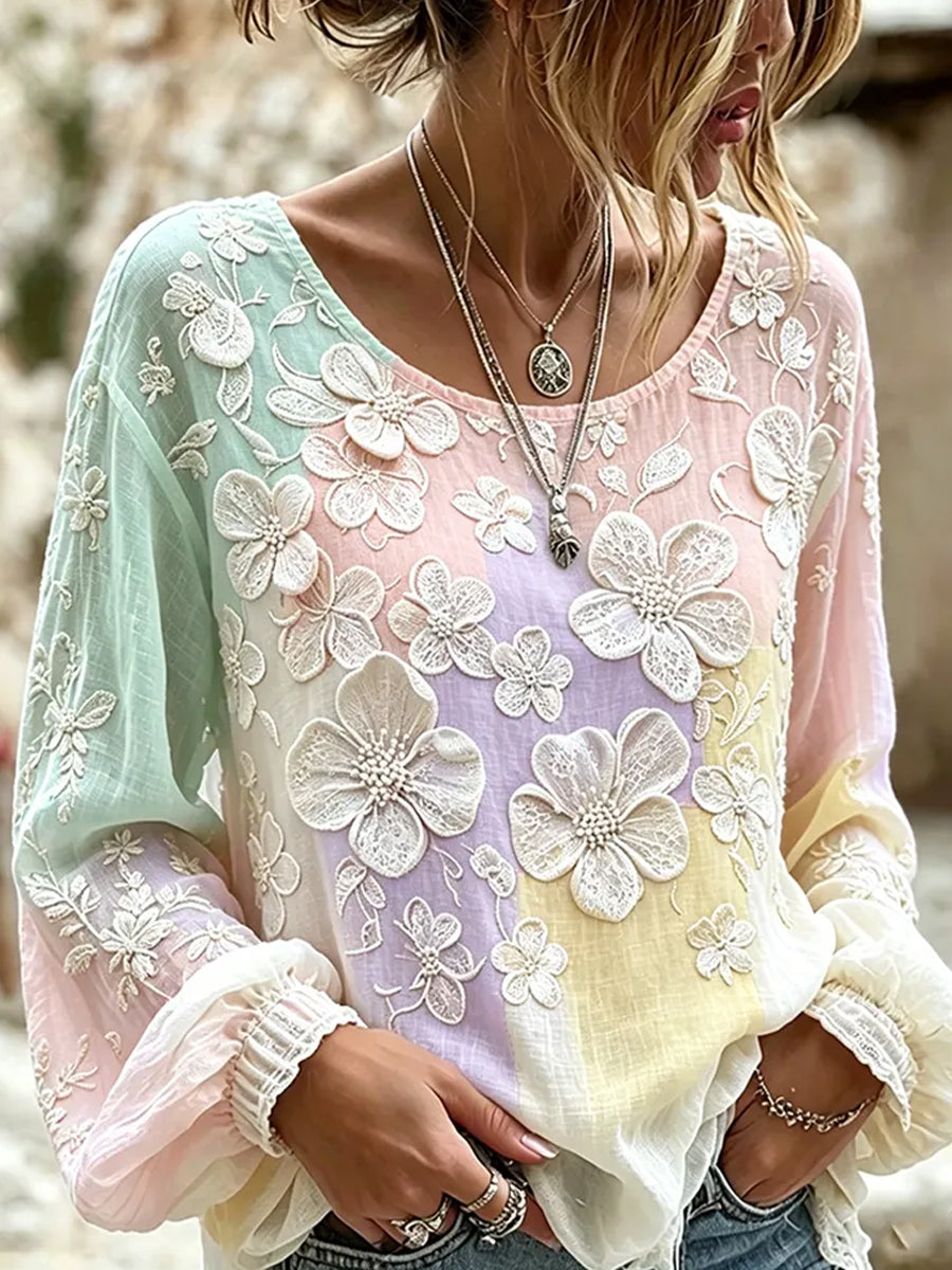 Kvinders vintage blomstermotiv kunsttryk afslappet top i bomuld-linен