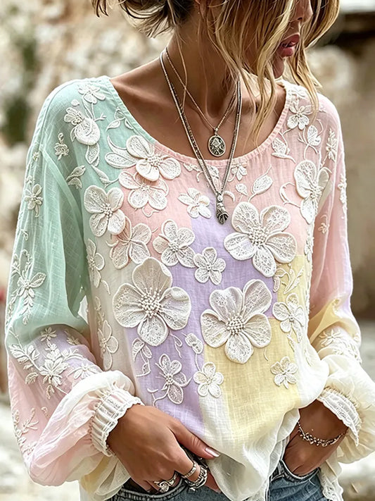 Kvinders vintage blomstermotiv kunsttryk afslappet top i bomuld-linен