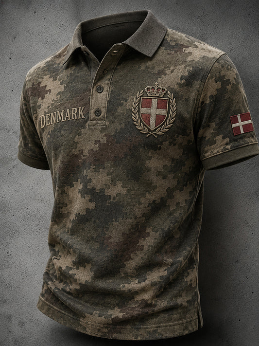 Mænds retro, slidt camouflageprint, poloshirt med korte ærmer