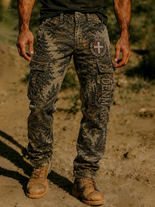 Mænds Retro Distressed Forest Camouflage Print Cargo Buks
