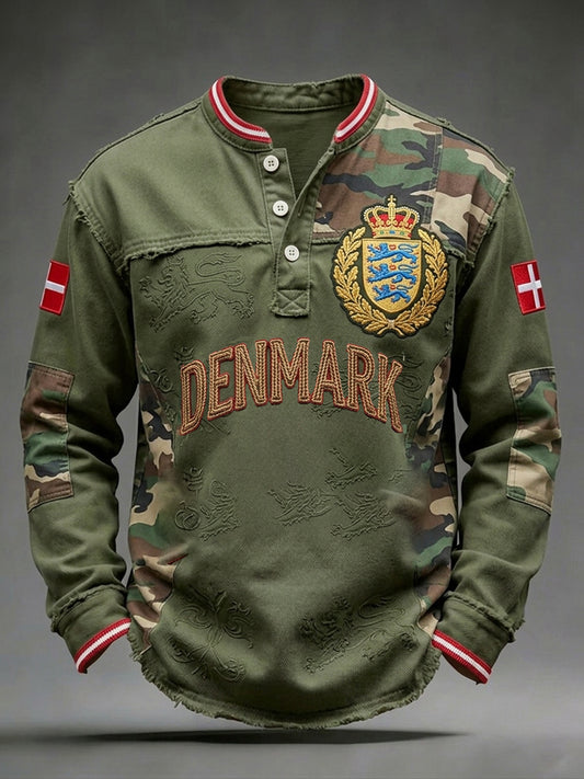Mænds camouflage-top med lange ærmer og V-udskæring samt løveprint