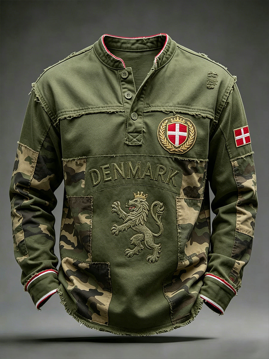 Mænds camouflage-top med lange ærmer og V-udskæring samt løveprint