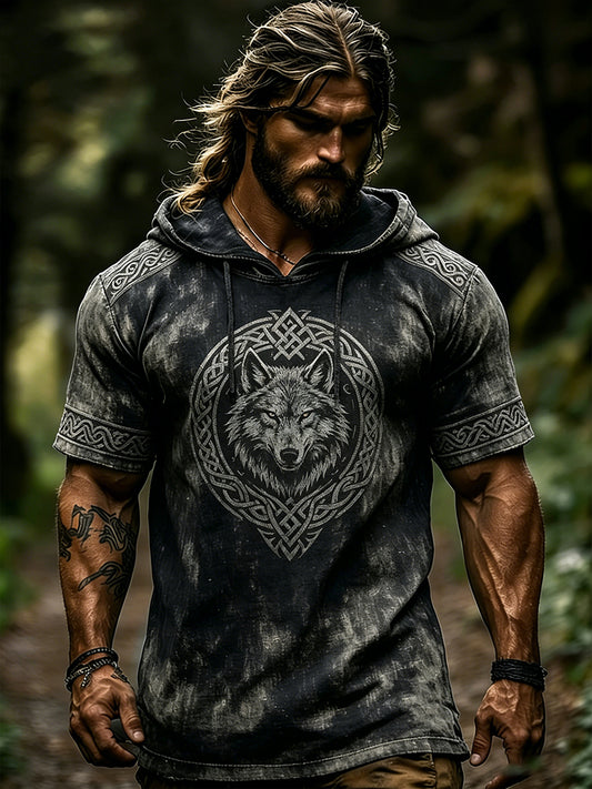 Mænds bekymrede korte ærmer Hoodie med vikinge-tema print