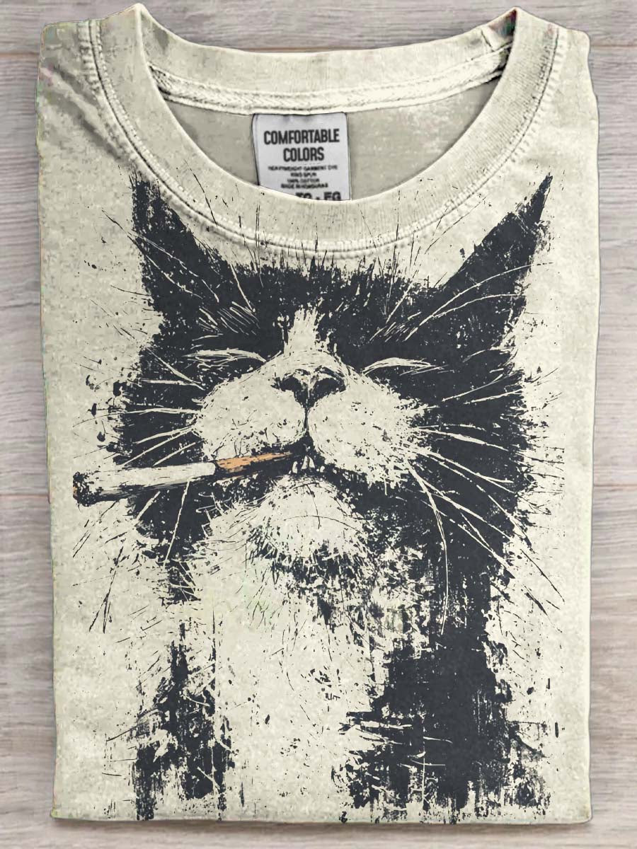 Rygning kat print Casual Short-ærme T-shirt