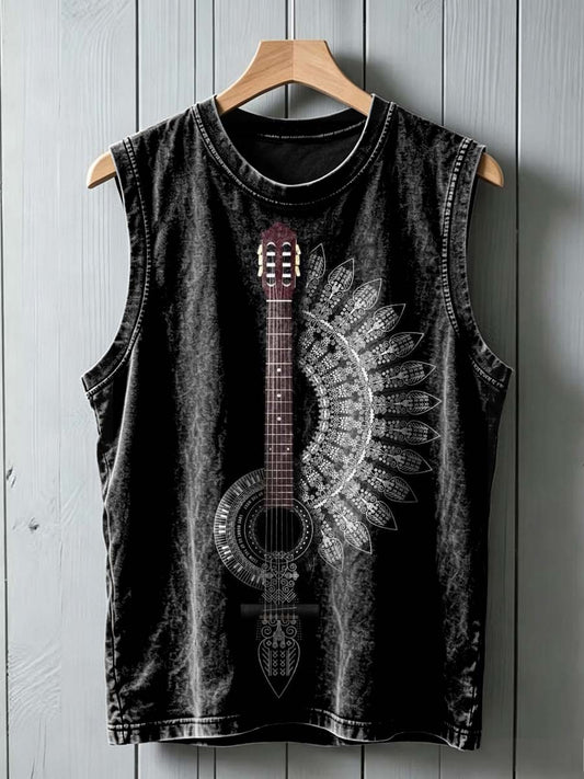 Retro Tribal Guitar Print Casual Sleeveless Vest Toppe