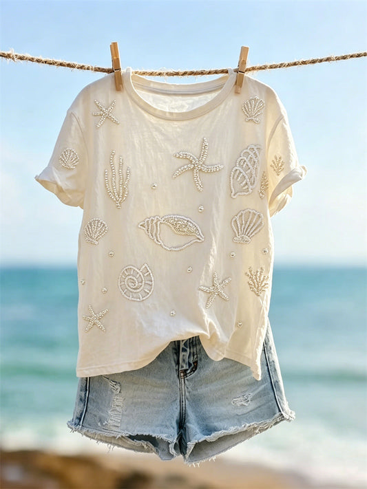 Kvinders klasse Stjerne & Seashells Perler Art Print kortærmet T-shirt