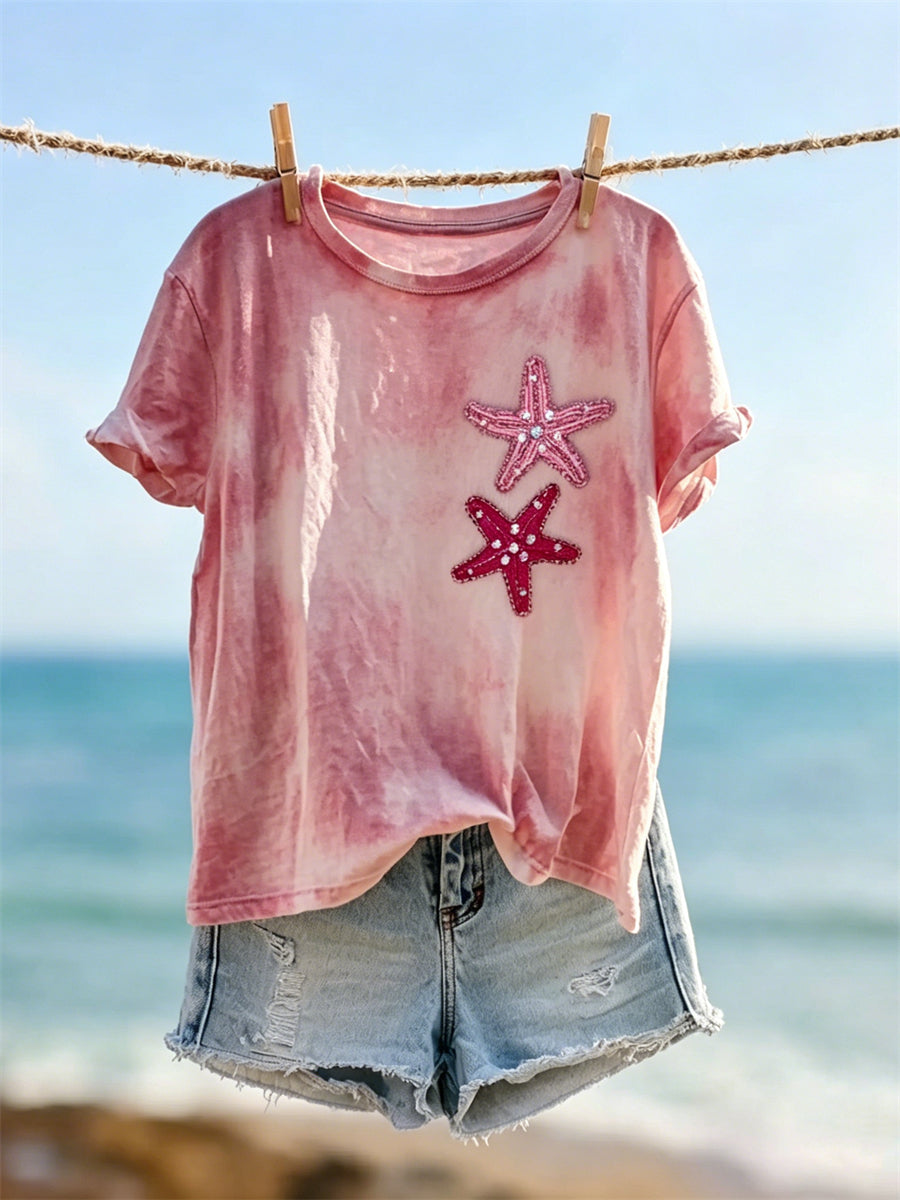 Kvinders Glitter Starfish Art Print Tie Farve kortærmet T-shirt