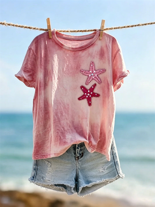 Kvinders Glitter Starfish Art Print Tie Farve kortærmet T-shirt
