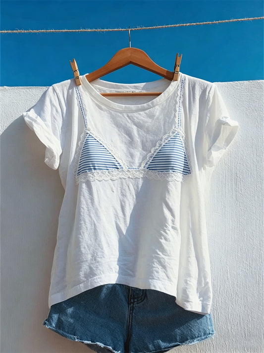 Kvinders blonde trim Tjek Bikini Print kortærmet T-shirt