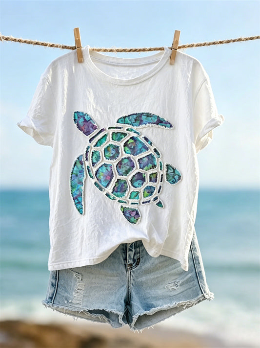 Kvinder Sea Turtle Frayed Fiber Art Print kortærmet T-shirt